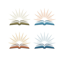 Four open books with radiating sunbursts in different color palettes knowledge learning.