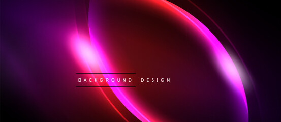 Abstract background features vibrant curves, gradients. Pink, purple, red hues dominate dark space. Modern design element.