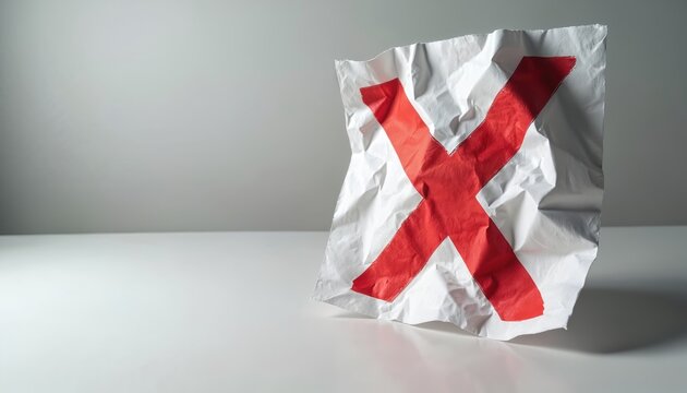 Crumpled paper with red X mark symbolizes false claims or rejection. White desk and grey background. This represents bad business practice or a negative review.