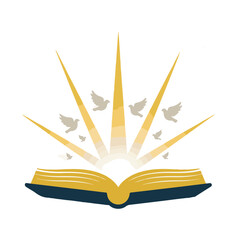 Open book with radiating light and flying doves illustration rays.