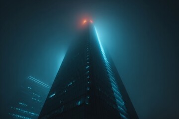 Tall city building illuminated by foggy night glow near urban skyline