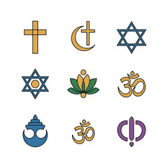 Collection of diverse religious symbols in flat design style religion faith.