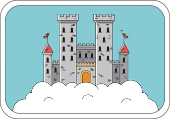 Fototapeta premium Floating medieval castle above clouds, fantasy architecture, whimsical fortress, magical towers, stone walls, red rooftops, dreamy sky illustration