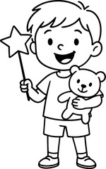 Obraz premium Happy cartoon boy holding a teddy bear and a star wand