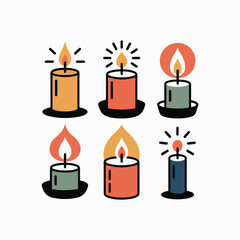 Six colorful flat icon candles with flames on white background light fire.