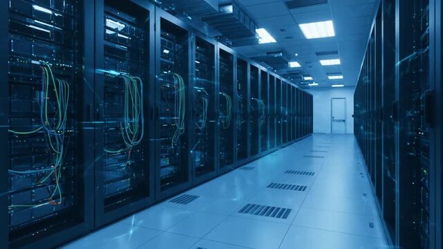 Illuminated server room with rows of racks and blinking lights, modern technology infrastructure