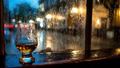Glass of whiskey on a windowsill on a rainy night.