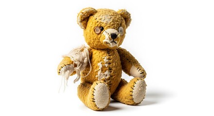 Old Torn Teddy Bear with Button Eyes and Ripped Fabric in Vintage Style