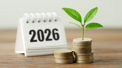 A visual representation of financial growth and future planning, showing a calendar with the year 2026 alongside stacks of coins with a small plant growing on the top.