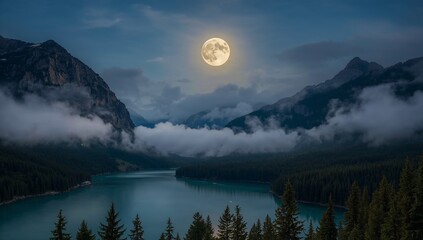 A mountain valley covered in fog at night, with a beautiful full moon.