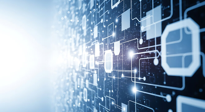 Abstract digital circuit board with glowing blue lights and data flow