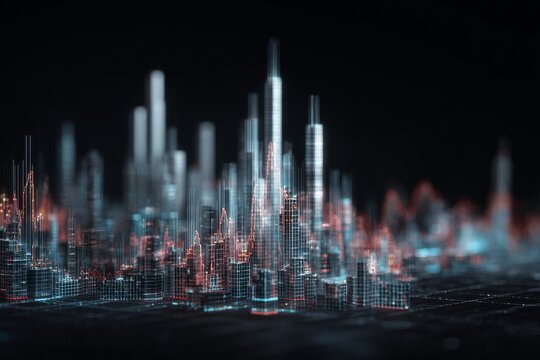 Digital cityscape with colorful data visualization showing trends and patterns in a futuristic urban setting