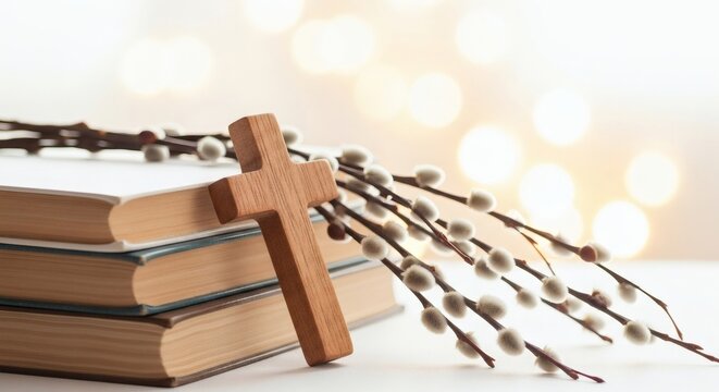 Easter Cross Faith with Books, and Spring Willow Blooms Warm Bokeh Lights.