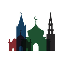 Islamic mosque silhouettes in red blue green and black colors building architecture.