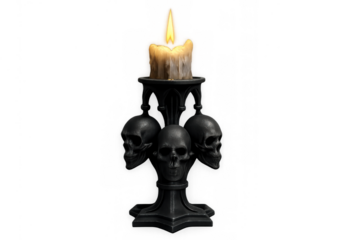 Black gothic candlestick with a lit candle, featuring menacing skull designs, creating a spooky halloween atmosphere