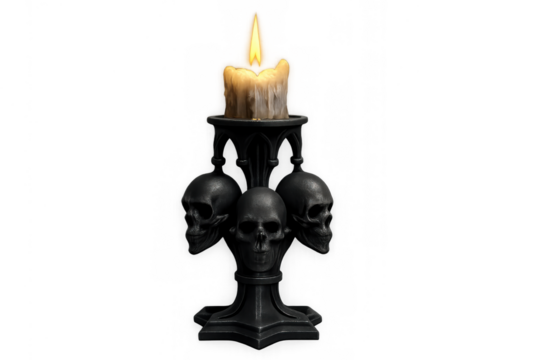 Black gothic candlestick with a lit candle, featuring menacing skull designs, creating a spooky halloween atmosphere