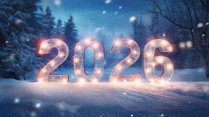 Winter wonderland with a glowing 2026 illuminates the scene, conveying a sense of anticipation and hope. The soft focus and gentle snowfall enhance the serene atmosphere.