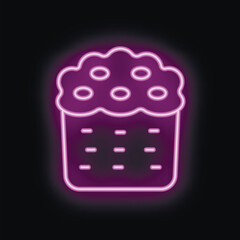 Purple neon sign depicting traditional easter cake with icing and sprinkles, emitting bright light on black background