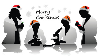 Scientists and researchers in a laboratory setting wearing santa hats celebrating the holiday season with festive cheer and scientific exploration