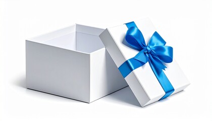 Two white gift boxes with blue ribbons rest on a white surface&mdash;minimalist elegance for any celebration.