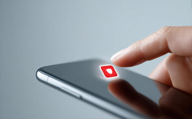 Finger touching glowing red play icon on smartphone screen. Concept for streaming online video content, choosing digital media entertainment, and using modern technology