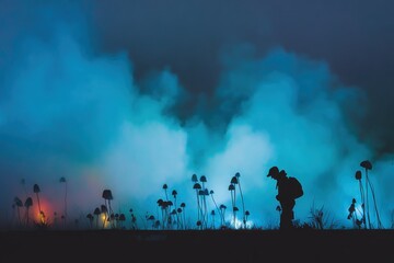 Silhouetted figure walking through a field of tall fungi at twilight.