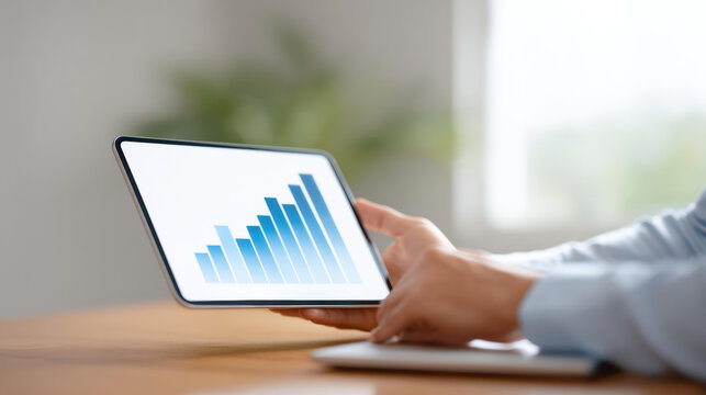 Businessman analyzing successful business growth chart on digital tablet. focused professional reviewing financial data report with graph for investment strategy