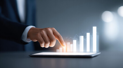 Confident businessman using technology for business growth. Finger touching digital chart, showing finance analysis, successful graph for new investment on tablet