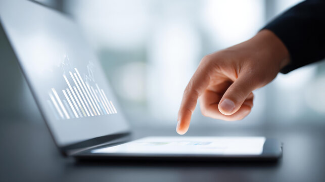 Businessman finger uses futuristic touch screen for business data analysis on modern laptop. professional interacts with digital chart showing glowing information