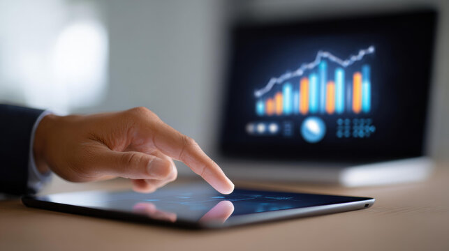 Focused businessman hand touching tablet for data analysis. glowing financial chart on screen shows business growth, strategy, and investment success