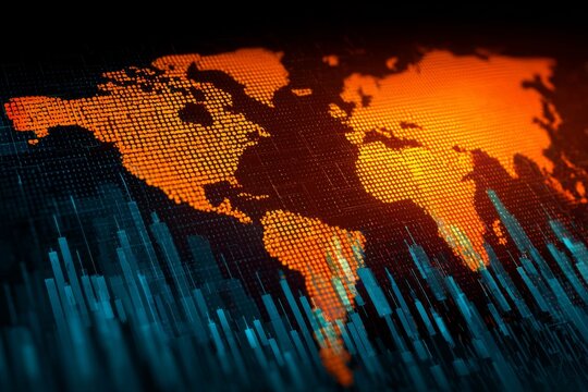 Digital world map with data visualization in vibrant orange and blue tones highlighting geographical details and trends