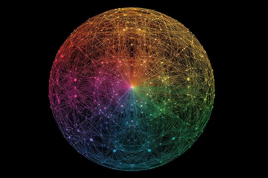Colorful network visualization showing interconnected nodes and lines in a spherical pattern against a black background