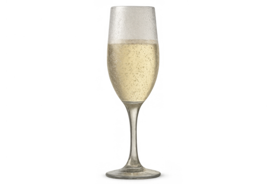 Glass of sparkling champagne or prosecco with bubbles, celebrating luxury and toast on transparent background