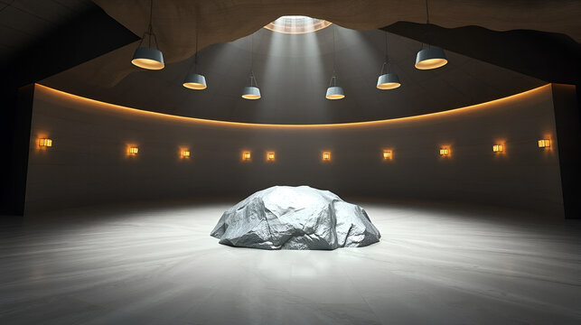 A spacious, silver rock-centered room underlit by hanging ceiling lights