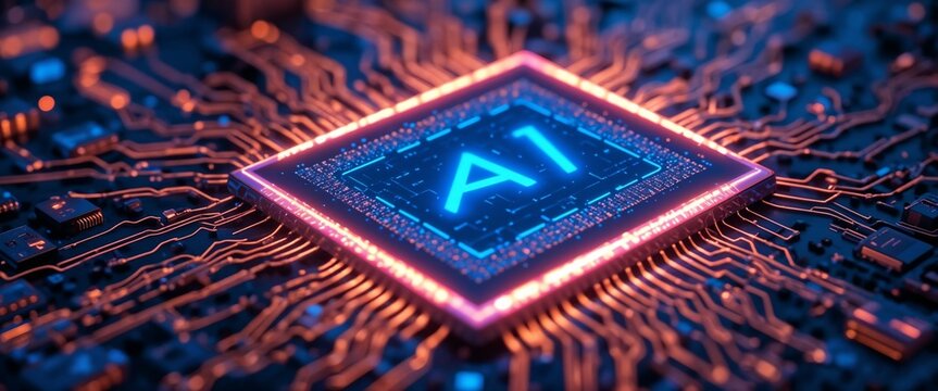 A vibrant, high-tech image showcasing a microchip with the label A1. The digital circuit board features glowing neon designs and intricate connections, symbolizing advanced technology and innovation i