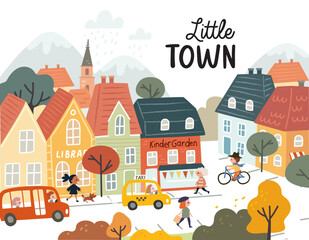 Vector illustration of autumn town with falling leaves, warm autumn colors, cozy seasonal mood and vibe. Autumn background charming streets, and peaceful atmosphere.