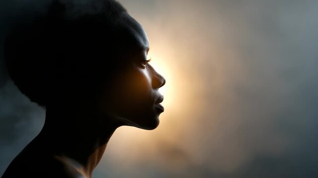 Profile view of an african woman's silhouette exhaling smoke or vapor against a warm, backlit background, creating a mysterious and atmospheric portrait with dramatic lighting and fog - Powered by Adobe
