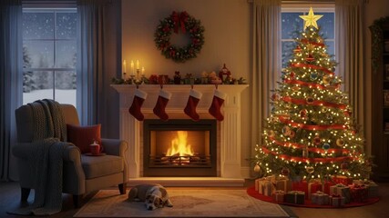 Cozy living room interior with decorated christmas tree fireplace with burning fire and dog sleeping on rug in winter evening 3d illustration - Powered by Adobe
