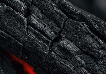 Extreme close-up of rough, blackened charcoal texture resulting from severe heat damage and intense fire destruction ,burned ,background ,combustion