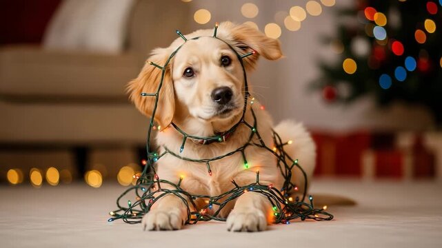 Cute golden retriever puppy dog tangled in colorful christmas string lights lying on floor with bokeh background holiday portrait