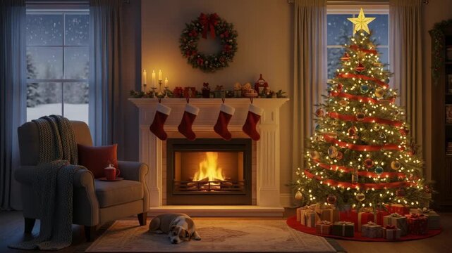 Cozy living room interior with decorated christmas tree fireplace with burning fire and dog sleeping on rug in winter evening 3d illustration