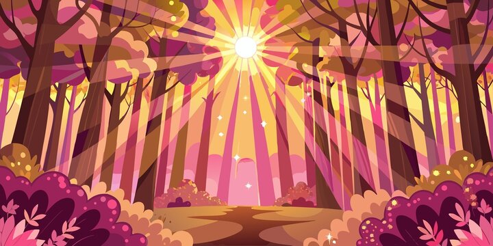 Magical forest path bathed in golden sunlight rays