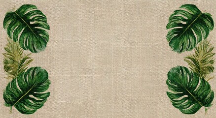Decorative backdrop with tropical leaves on a linen-like texture.