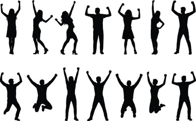 Silhouetted people celebrating, triumphant poses, black figures, white background, group excitement, dynamic movement, artistic energy, motivation, unity