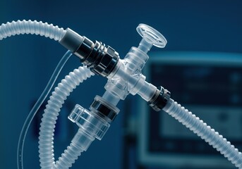 Extreme close view of sterile medical tubing and specialized ventilation apparatus connected to critical anesthetic delivery system ,preparation ,hospital ,plastic