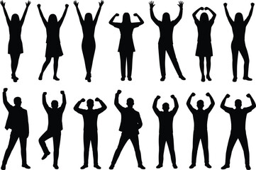 Silhouetted men and women celebrating, triumphant poses, black figures, white background, group unity, empowerment, victory, expressive gesture