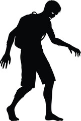 Zombie silhouette with backpack, tattered clothing, eerie posture, black figure, white background, horror theme, undead character, Halloween concept