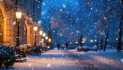 Photorealistic snowy Christmas street with glowing lights