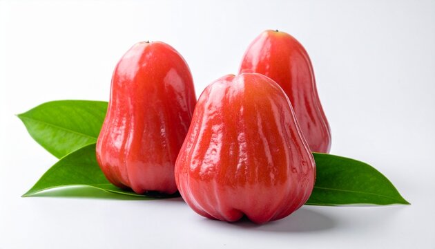 Juicy Rose Apples: Fresh, vibrant tropical fruit. Delicious and healthy still life. Pink fruit with green leaves on a clean background.
