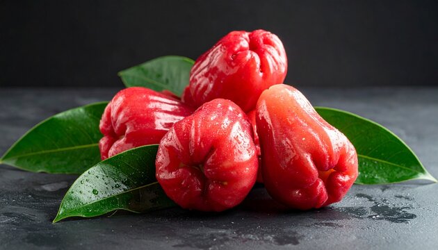 Juicy Rose Apples: Fresh, vibrant tropical fruit. Delicious and healthy still life. Pink fruit with green leaves on a clean background.
